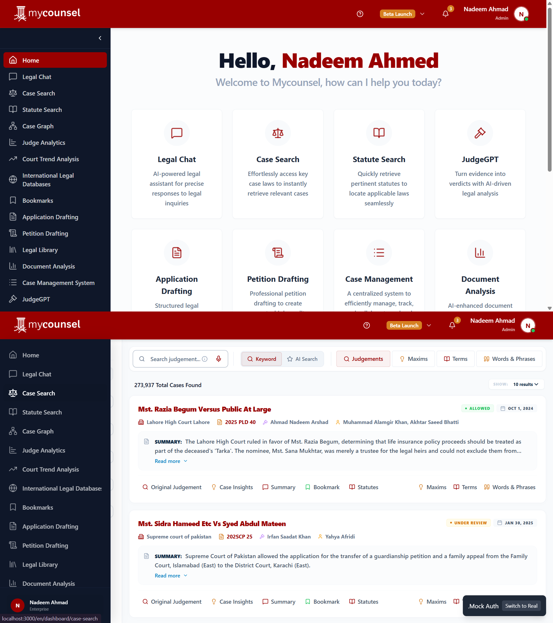 Legal Research Platform - User Dashboard